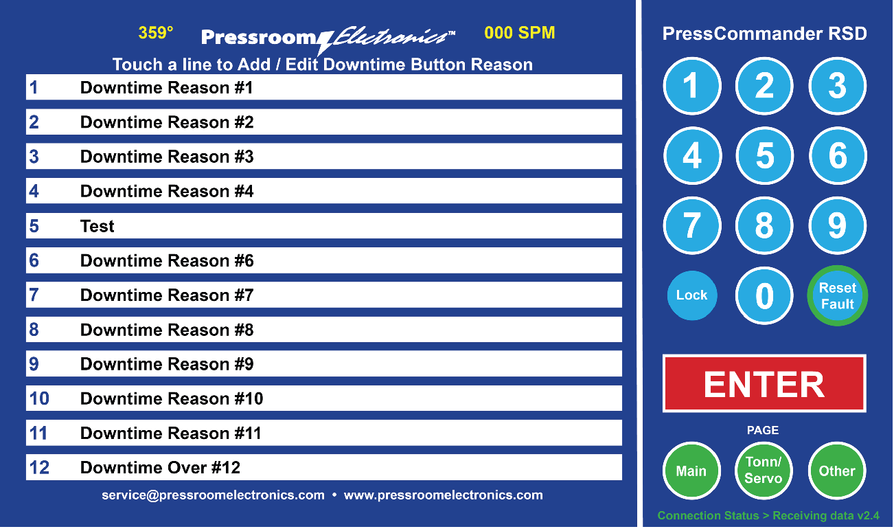 Downtime Reason Code Screen