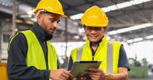 Two workers reviewing downtime monitoring data on a tablet to optimize production efficiency in a manufacturing facility.