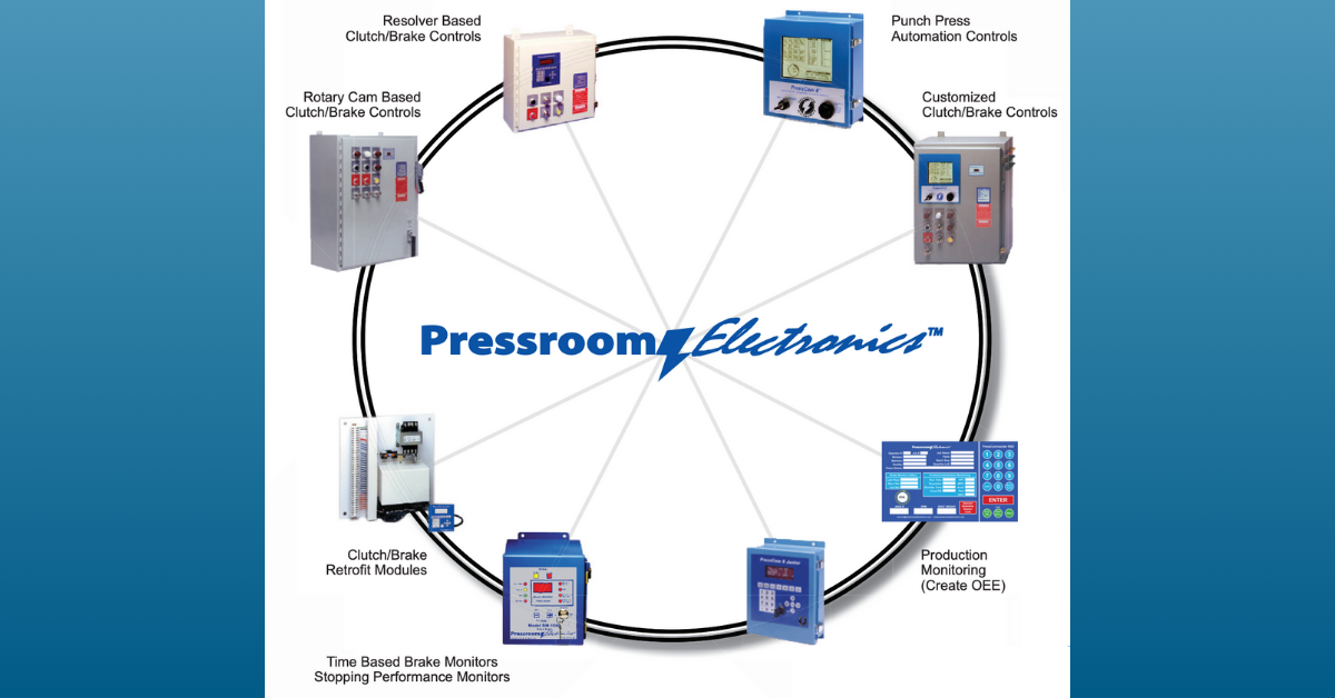 A complete lineup of Pressroom Electronics products, including press safety controls, die protection systems, and automation solutions.