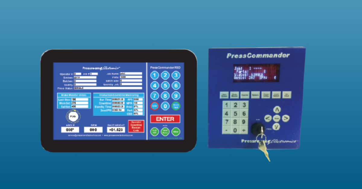 Pressroom Electronics' Press Commander tonnage monitoring system, providing real-time force measurement for enhanced press safety and metal stamping precision.