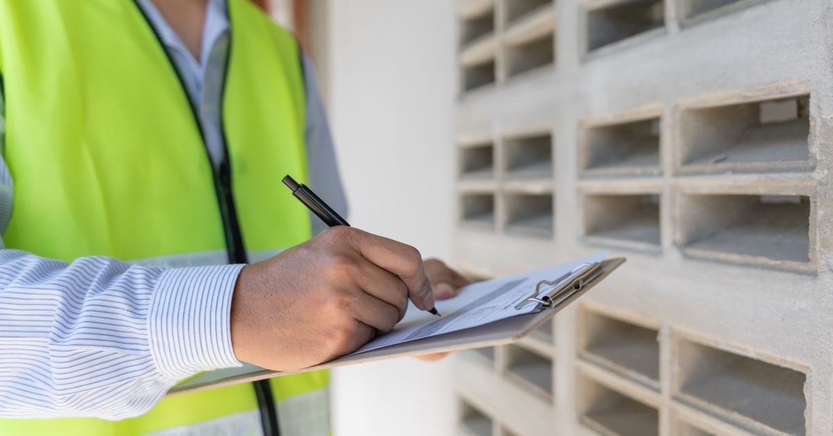 Worker in a safety vest reviewing a checklist, ensuring proper tonnage monitoring for consistent metal stamping quality and press safety compliance.